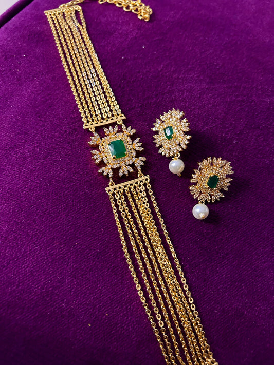 Chandraharam Neck Patti  with Earrings Green