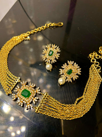 Chandraharam Neck Patti  with Earrings Green