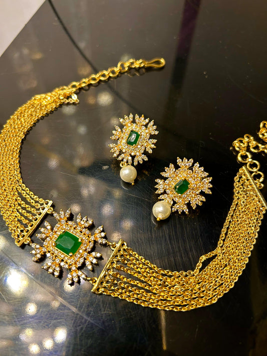 Chandraharam Neck Patti  with Earrings Green