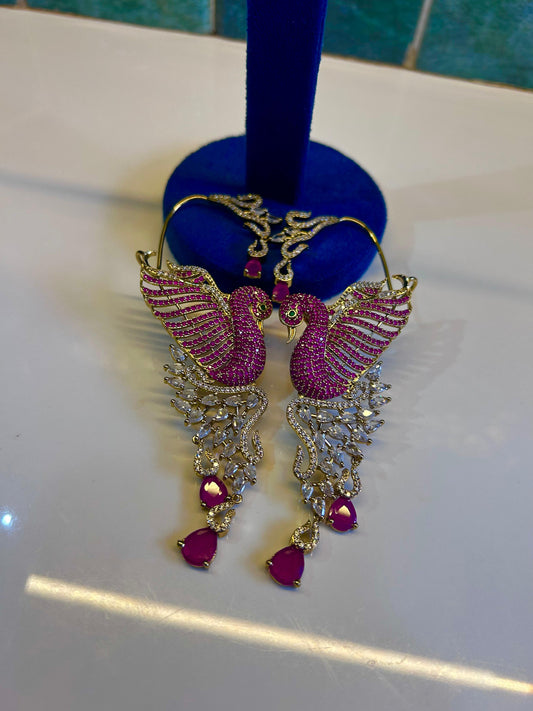 Designer CZ Diamond Peacock Earcuffs Red