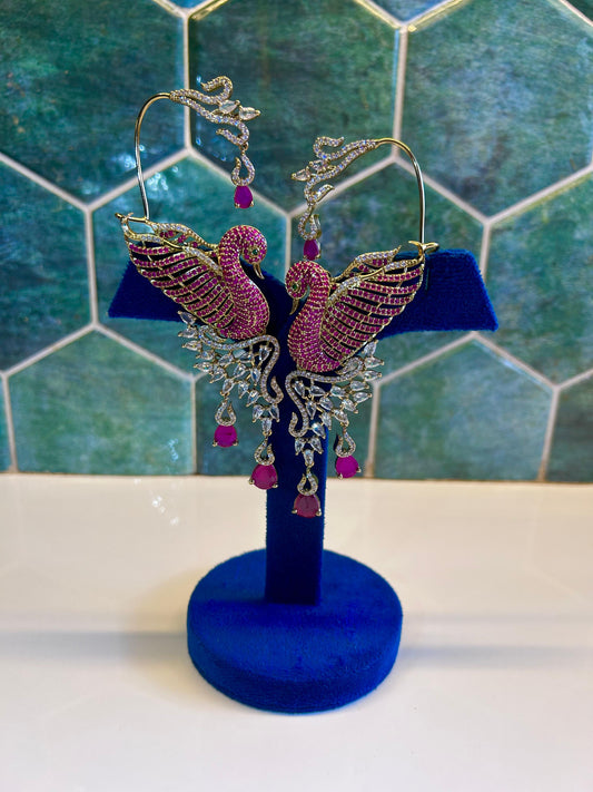 Designer CZ Diamond Peacock Earcuffs Red