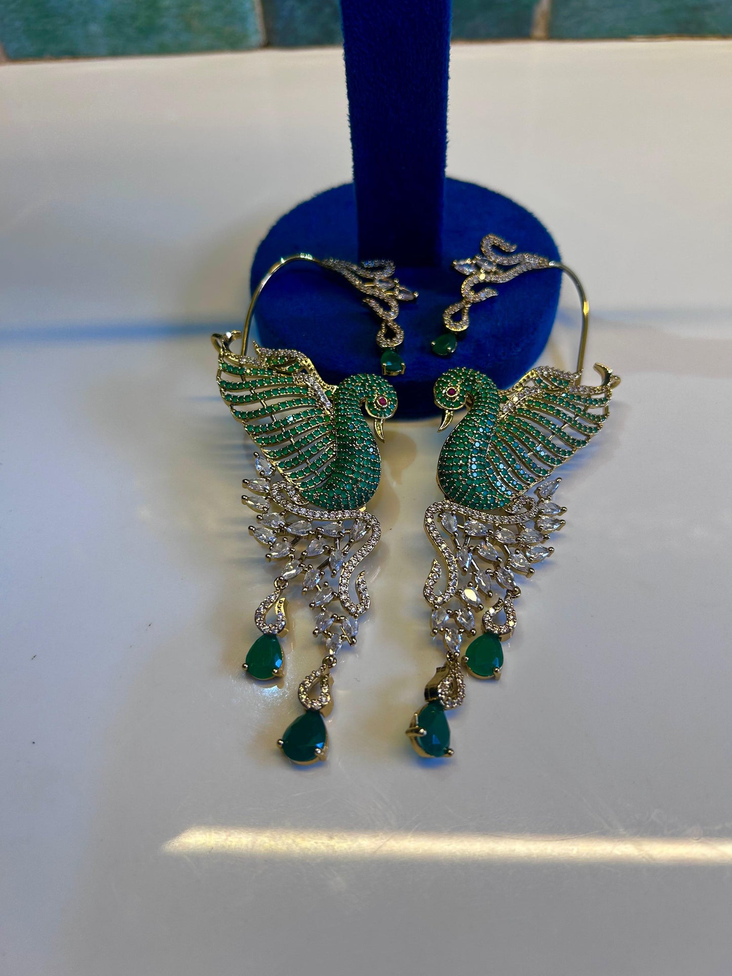 Designer CZ Diamond Peacock Earcuffs Green