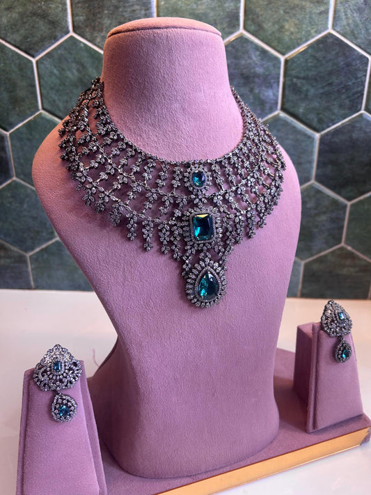 Bridal Triple Gemstone CZ Diamond Necklace Set (Sea Green)