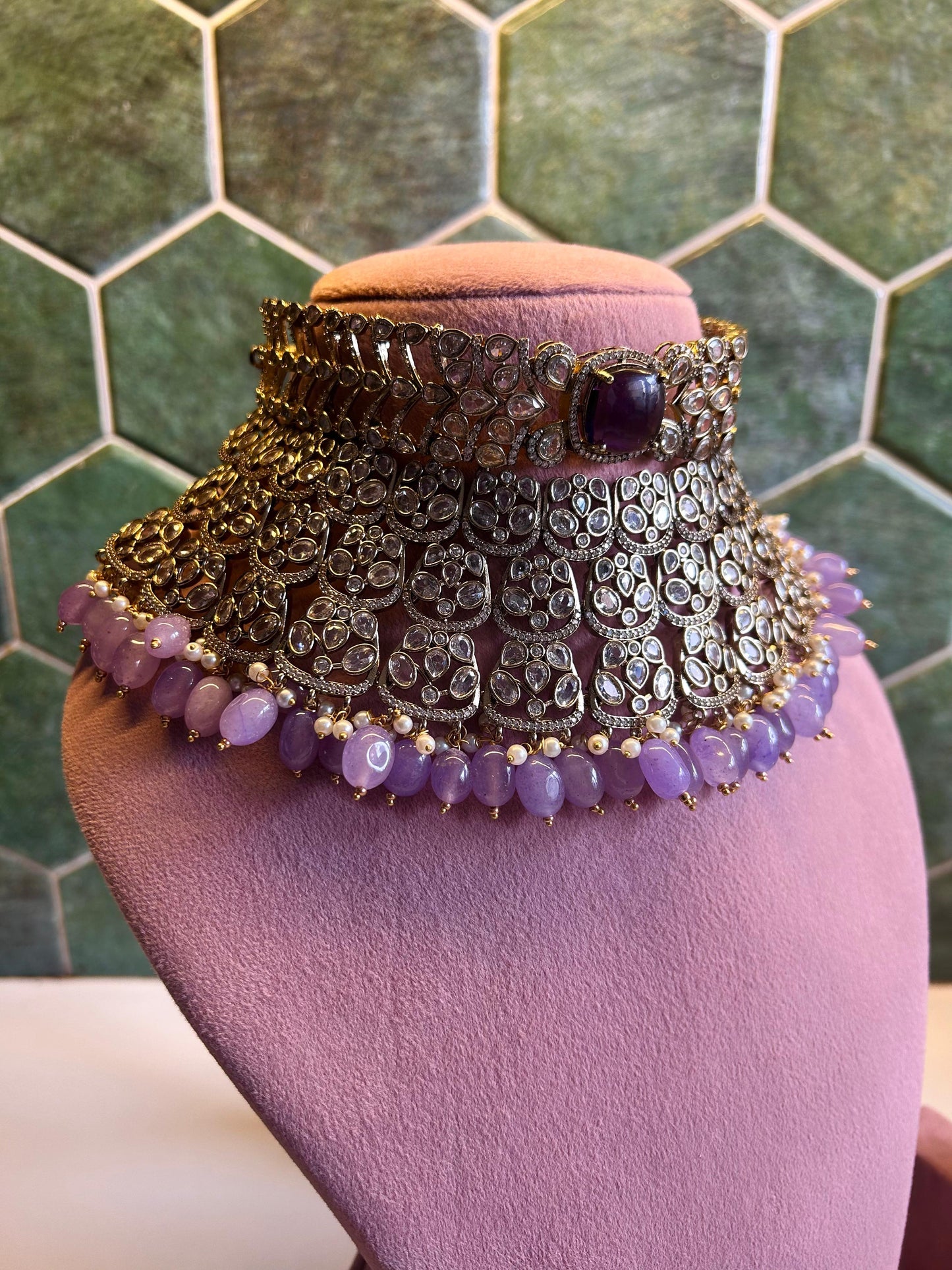 Victorian CZ Diamond Choker with Chandbali (Violet)