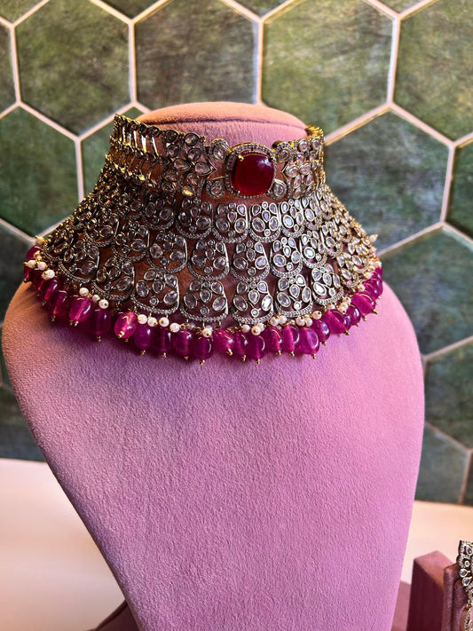 Victorian CZ Diamond Choker with Chandbali (Pink Beads)