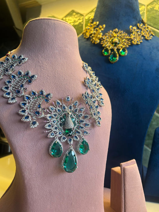 Grand Triple Gemstone Peacock Neckalce Set (Platinum)