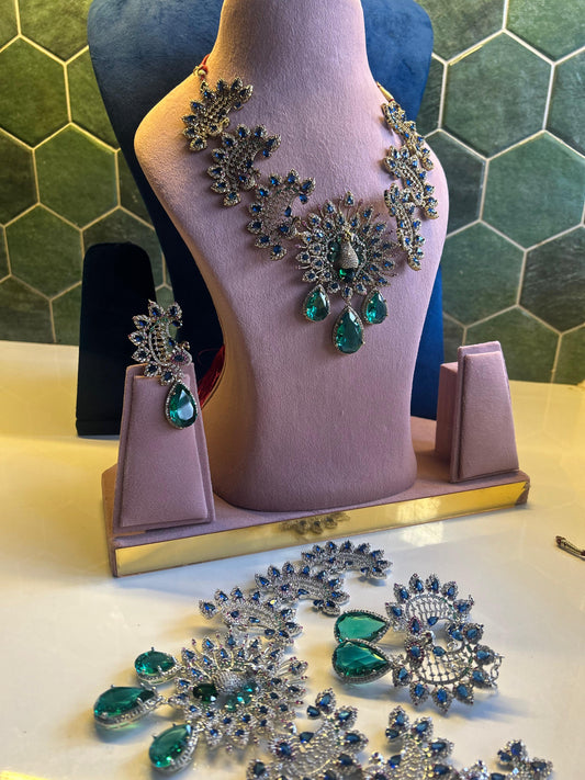 Grand Triple Gemstone Peacock Neckalce Set (Victorian)