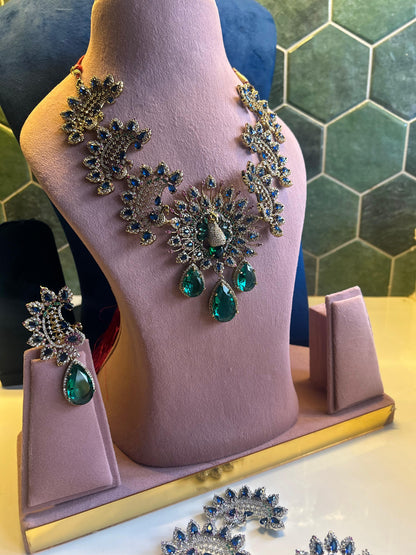 Grand Triple Gemstone Peacock Neckalce Set (Victorian)