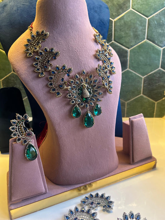 Grand Triple Gemstone Peacock Neckalce Set (Victorian)