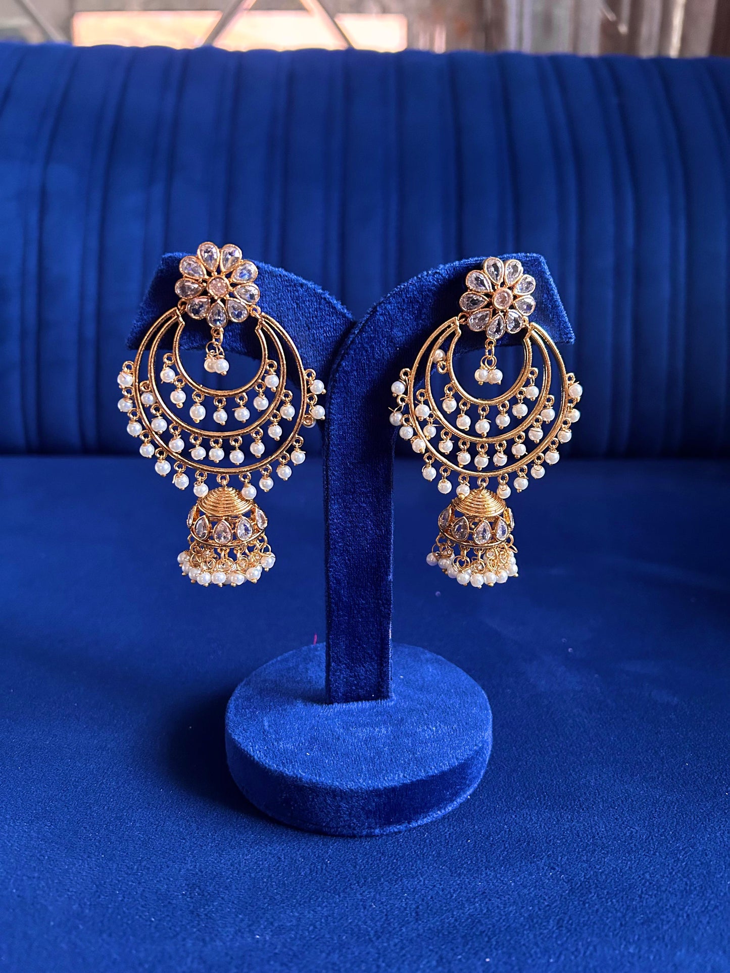 Crystal Floral Gold Chandbali with white beads