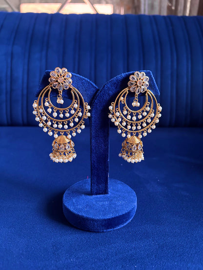 Crystal Floral Gold Chandbali with white beads