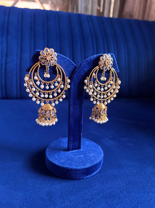Crystal Floral Gold Chandbali with white beads