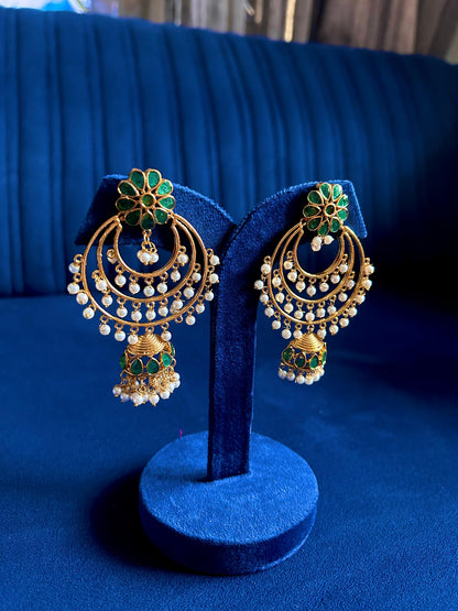 Green Floral Gold Chandbali with white beads