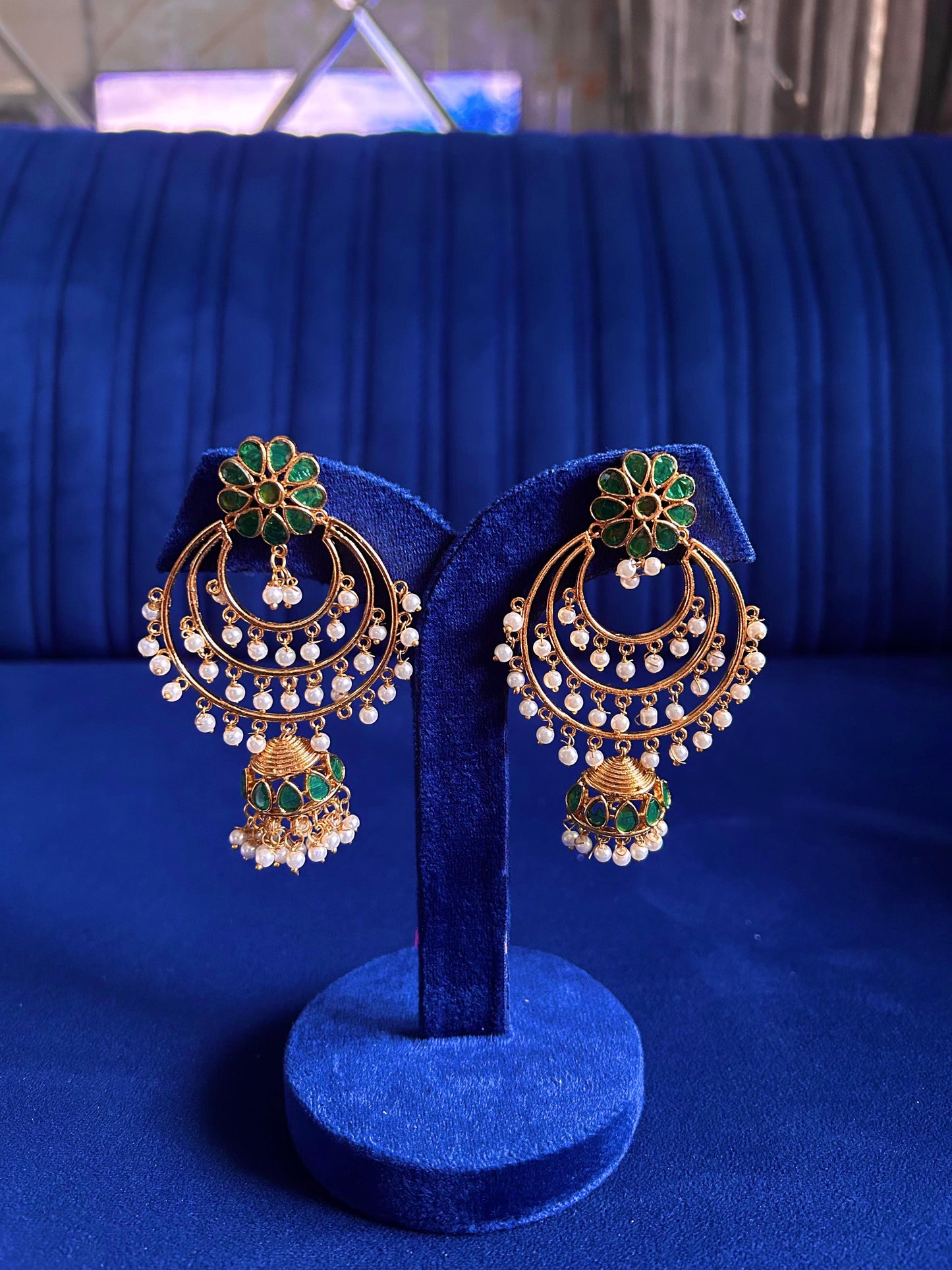 Green Floral Gold Chandbali with white beads