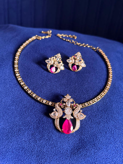 Victorian Double Swan Kanti with Pendant Set Ruby