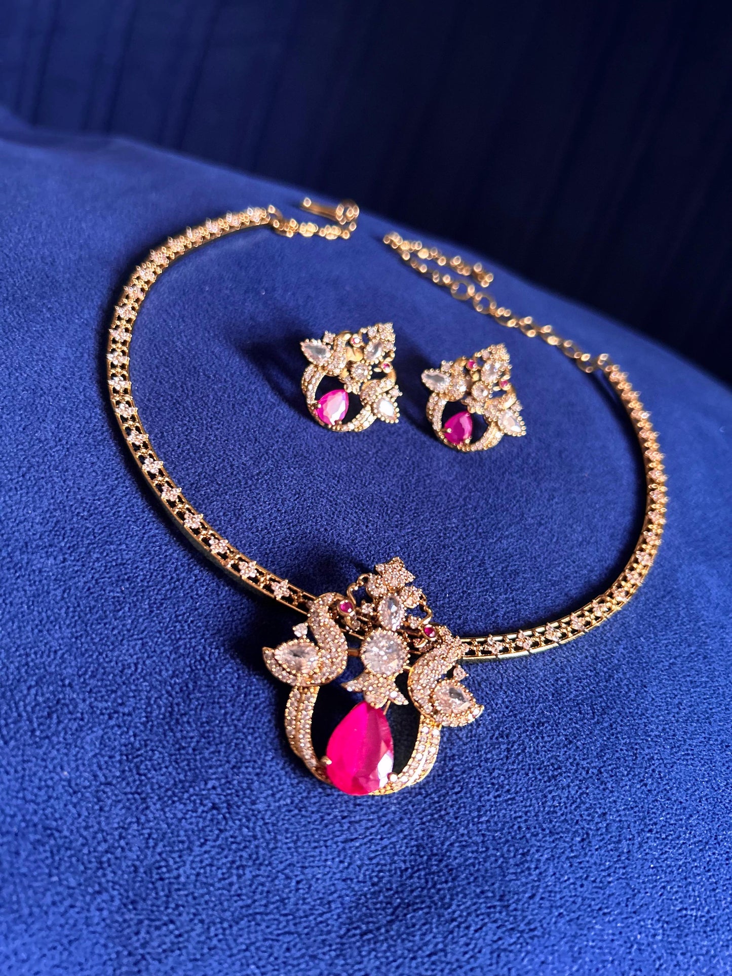Victorian Double Swan Kanti with Pendant Set Ruby