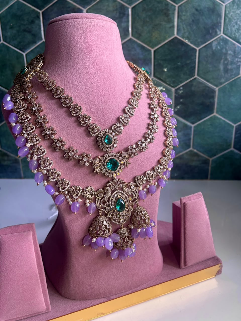 Triple Gemstone Green Beads Diamond Purple Beads