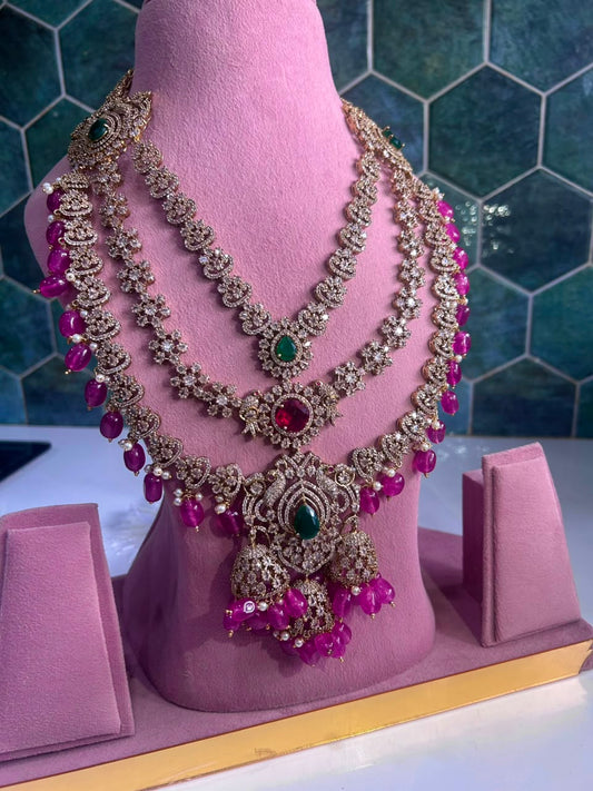 Triple Gemstone Green Beads Diamond Pink Beads