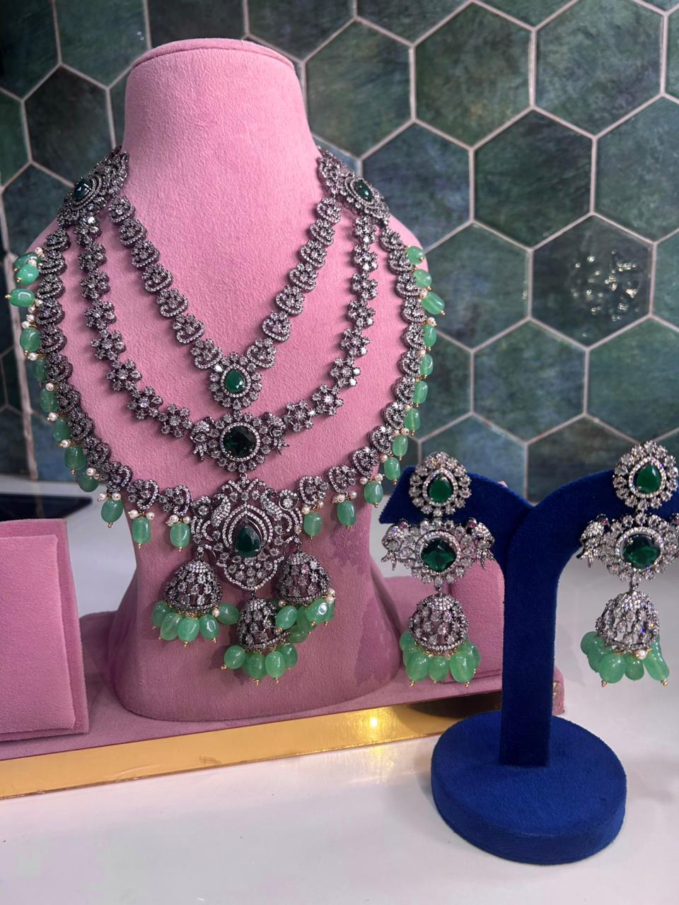 Triple Gemstone Green Beads Diamond Necklace Green