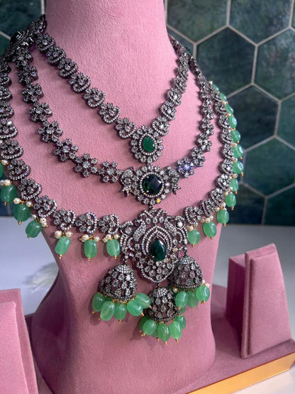 Triple Gemstone Green Beads Diamond Necklace Green