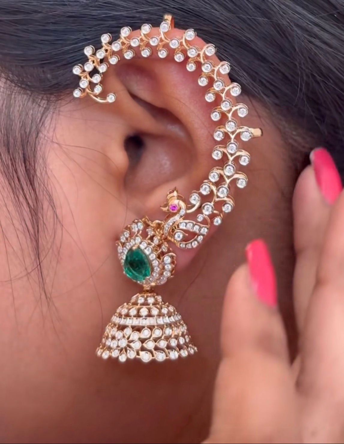 Swan Earcuffs with Jhumka Green