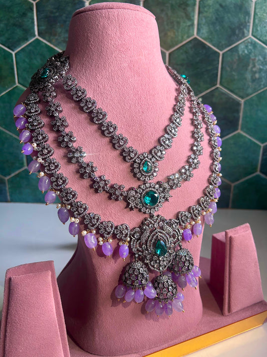 Triple Gemstone Pink Beads Diamond Necklace Green