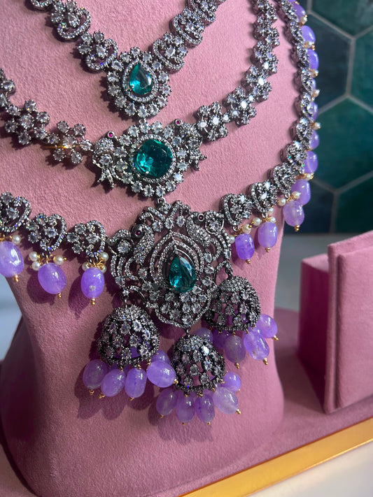 Triple Gemstone Pink Beads Diamond Necklace Green