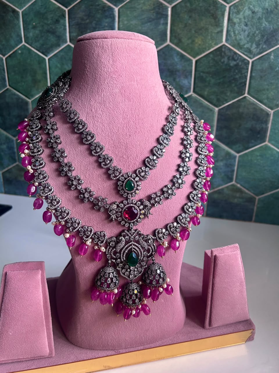 Triple Gemstone Pink Beads Diamond Necklace Multi Color