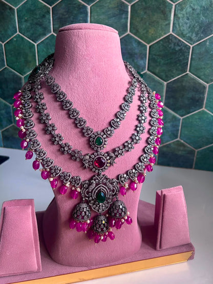 Triple Gemstone Pink Beads Diamond Necklace Multi Color