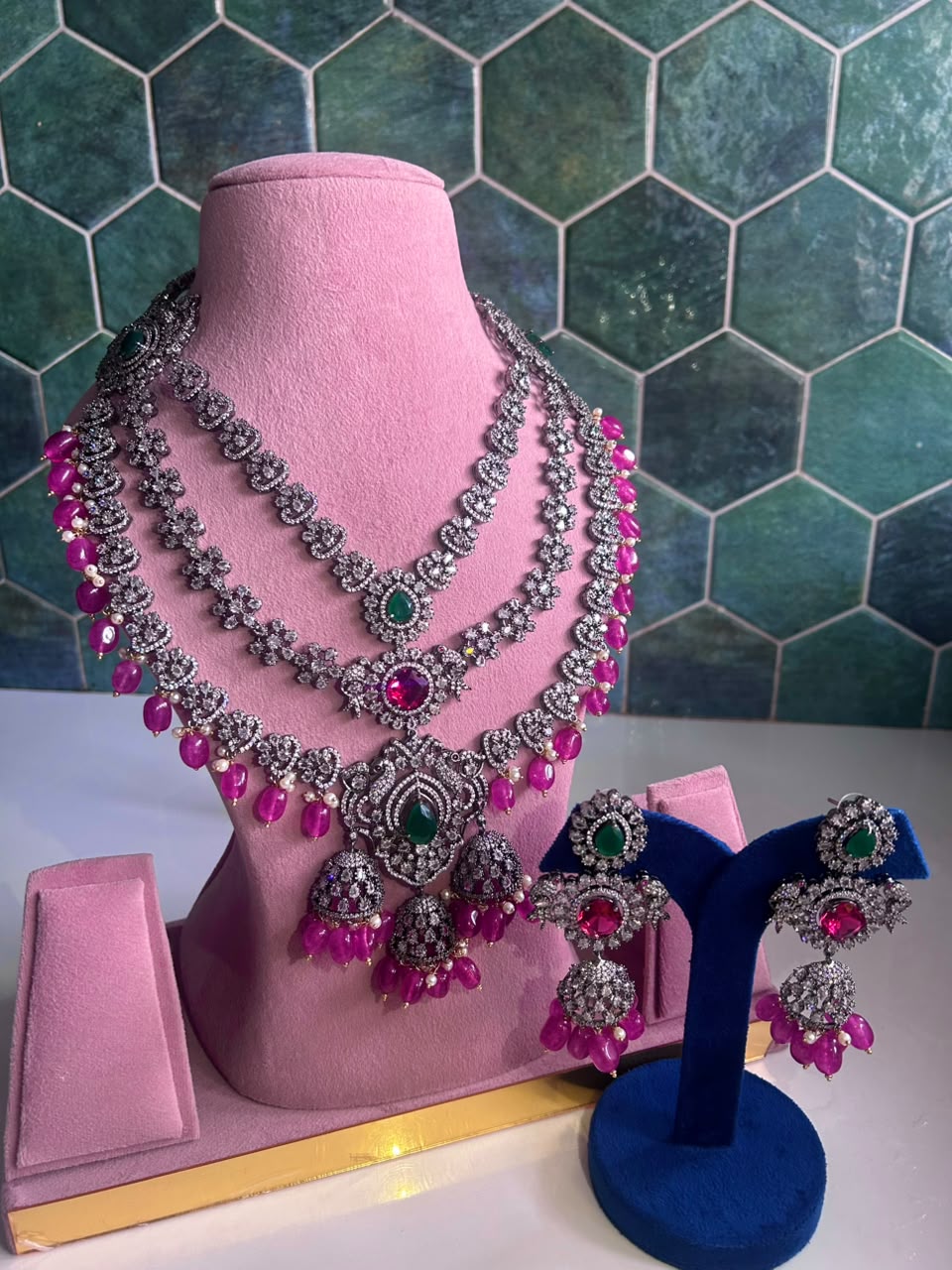 Triple Gemstone Pink Beads Diamond Necklace Multi Color