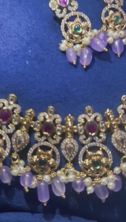 Grand Gold Haram purple Beads with Earrings