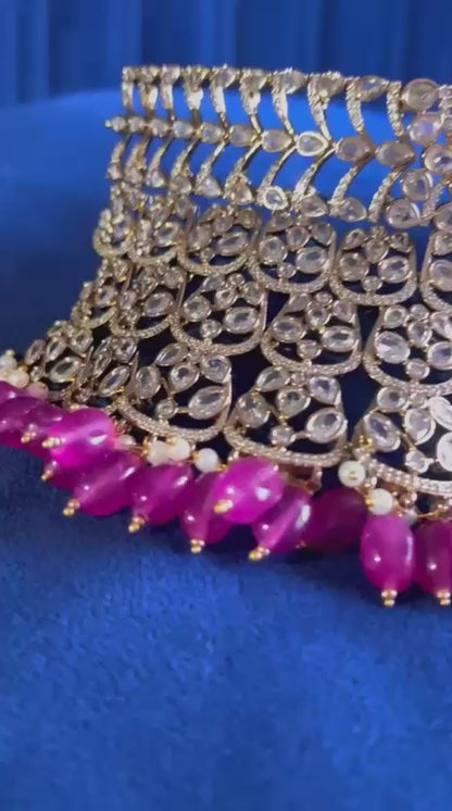 Victorian CZ Diamond Choker with Chandbali (Pink Beads)