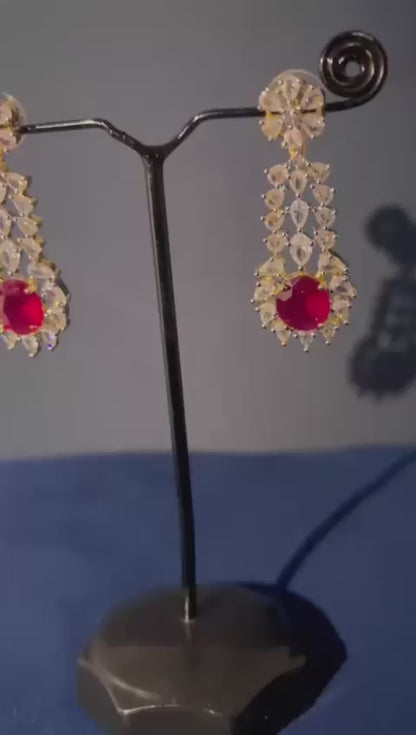 Hexagonal Gem Diamond Necklace with Earrings Red with Earrings