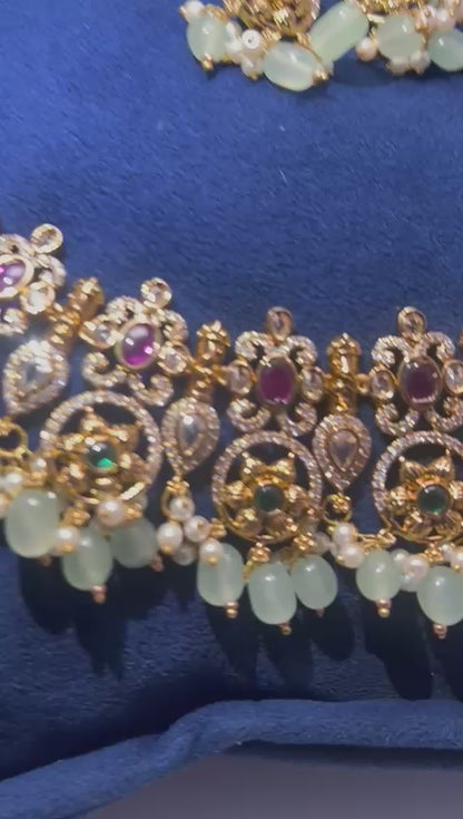 Grand Gold Haram Green Beads with Earrings