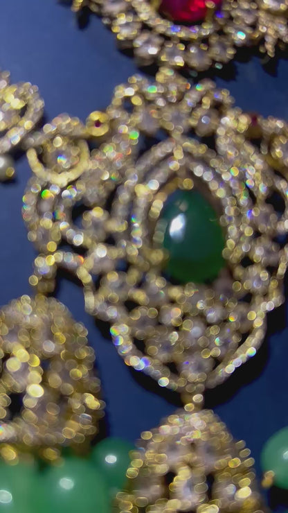 Triple Gemstone Green Beads Diamond Necklace Multi Color