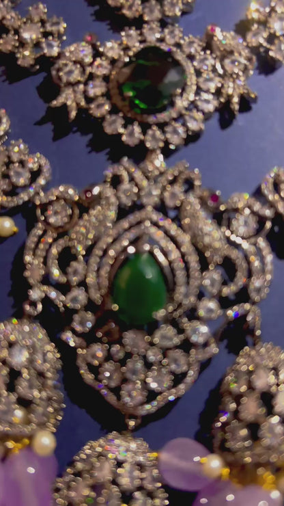 Triple Gemstone Pink Beads Diamond Necklace Green