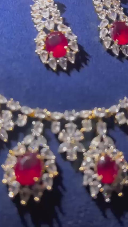 Hexagonal Gem Diamond Necklace with Earrings Red with Earrings