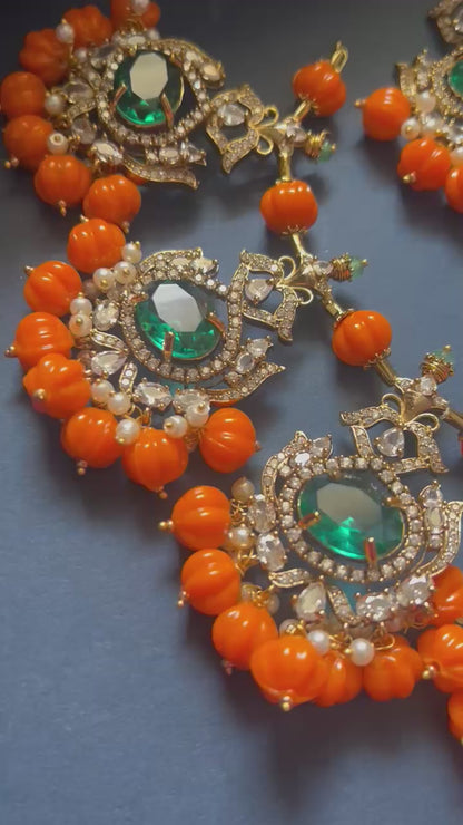 Grand Victorian Orange Beads with Emerald Necklace and Earrings
